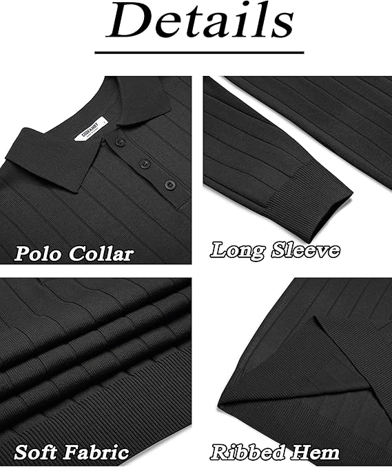 COOFANDY Mens Knit Polo Sweater Long Sleeve Polos Lightweight Casual Dress Pullover Sweaters