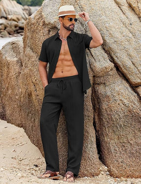 COOFANDY Mens 2 Piece Sets Summer Outfits Short Sleeve Button Down Shirt Loose Pant Sets Beach Vacation Outfits