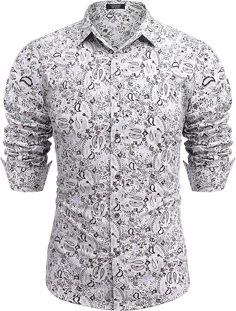 COOFANDY Men's Paisley Cotton Long Sleeve Shirt Floral Print Casual Retro Button Down Shirt S-XXL