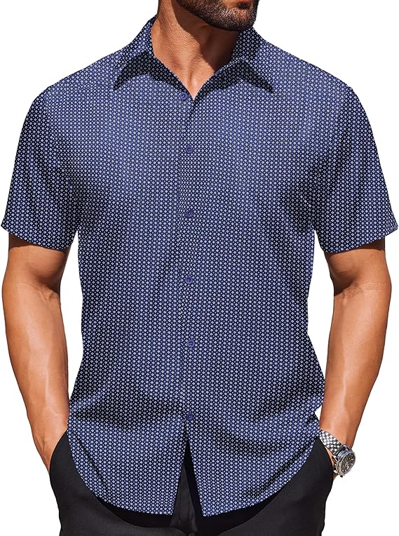 COOFANDY Mens Wrinkle Free Dress Shirt Polka Dot Short Sleeve Button Down Business Casual Shirts