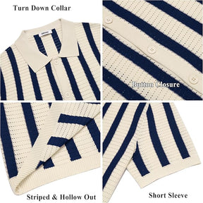 COOFANDY Men's Knit Shirts Short Sleeve Button Down Polo Shirt Striped Casual Summer Beach Shirts