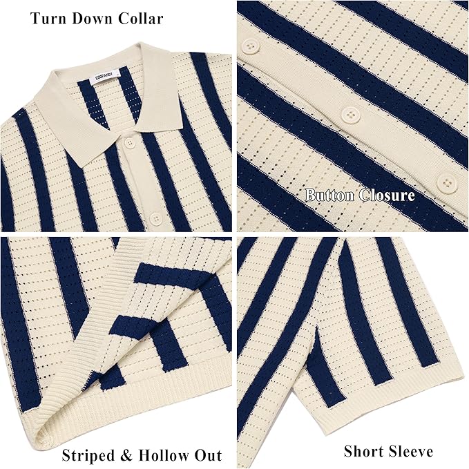 COOFANDY Men's Knit Shirts Short Sleeve Button Down Polo Shirt Striped Casual Summer Beach Shirts