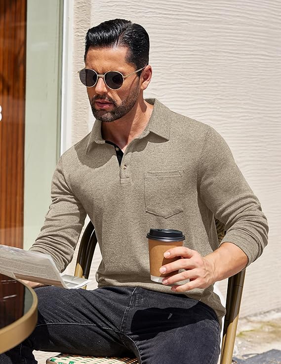 COOFANDY Men's Long Sleeve Polo Shirt Casual Dress Button Polo T Shirt with Pocket Basic Lightweight Collared Golf Shirt