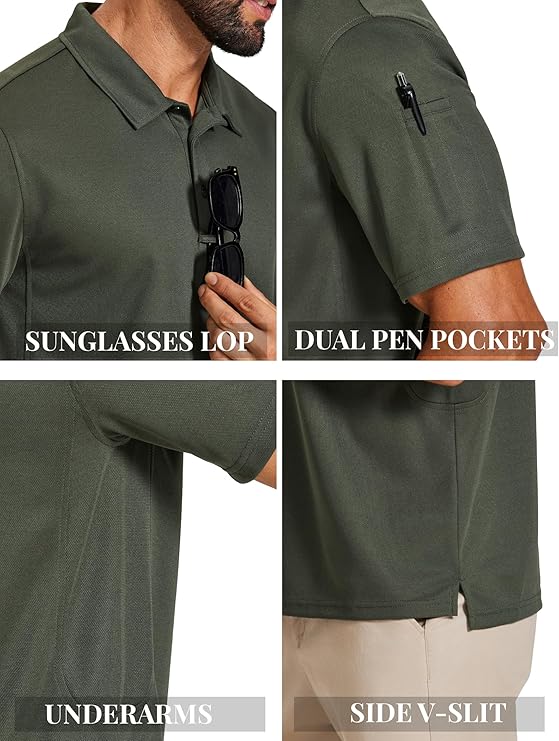 COOFANDY Men's Polo Shirts Short Sleeve Quick Dry Performance Golf Polos Tactical Work Shirts with Pen Pocket