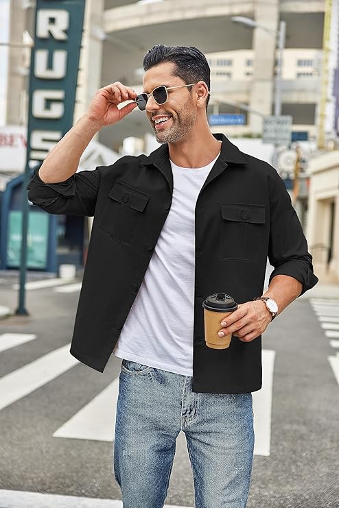 COOFANDY Mens Casual Shirt Jackets Cotton Linen Work Shacket Button Down Overshirt with Pockets
