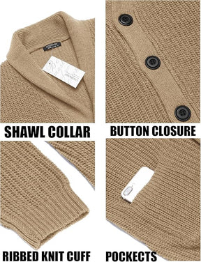 COOFANDY Men's Shawl Collar Cardigan Sweater Slim Fit Cable Knit Button up Sweater with Pockets