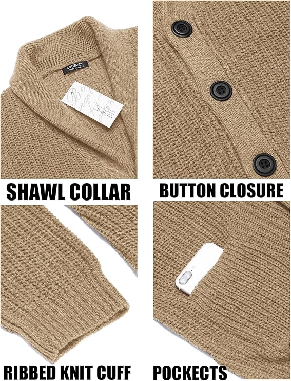 COOFANDY Men's Shawl Collar Cardigan Sweater Slim Fit Cable Knit Button up Sweater with Pockets