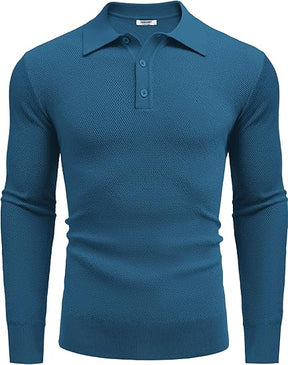 COOFANDY Mens Knit Polo Shirts Long Sleeve Casual Polo Sweaters Shirt Waffle Textured Collared Sweater