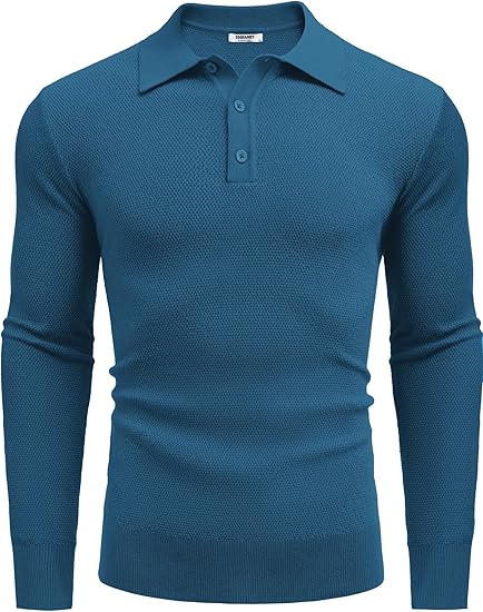 COOFANDY Mens Knit Polo Shirts Long Sleeve Casual Polo Sweaters Shirt Waffle Textured Collared Sweater