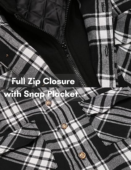 COOFANDY Men's Flannel Shirt Jacket Warm Quilted Lined Hooded Long Sleeve Plaid Shirt Jackets
