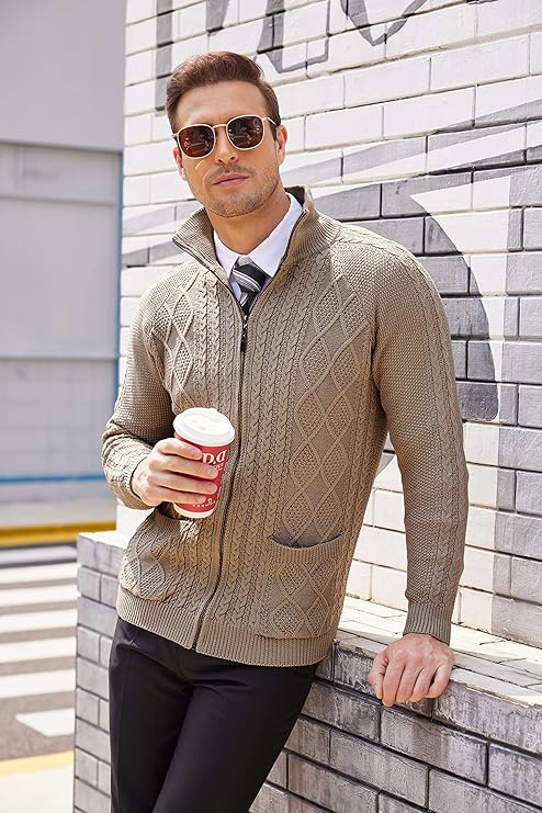 COOFANDY Men's Full Zip Cardigan Sweater Slim Fit Stand Collar Cotton Cable Knitted Sweater with Pockets