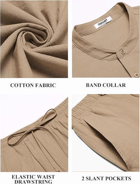 COOFANDY Mens 2 Pieces Cotton Linen Sets Short Sleeve Casual Henley Shirt Summer Beach Pants Lounge Vacation Outfits Set