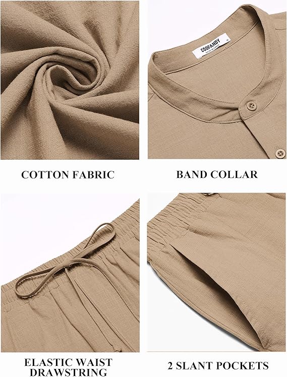 COOFANDY Mens 2 Pieces Cotton Linen Sets Short Sleeve Casual Henley Shirt Summer Beach Pants Lounge Vacation Outfits Set