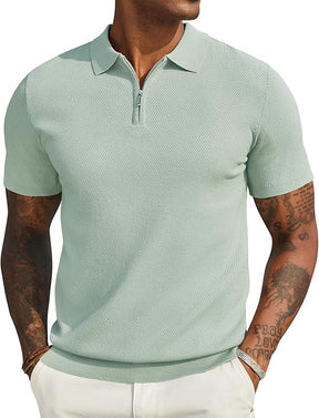 COOFANDY Mens Textured Knit Polo Shirts Zipper Polo Shirts Short Sleeve Casual Lightweight Golf Shirt