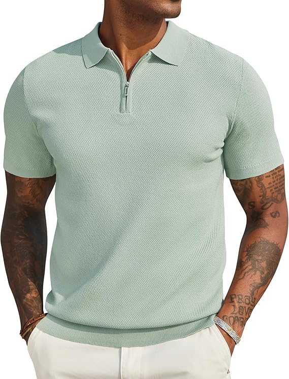 COOFANDY Mens Textured Knit Polo Shirts Zipper Polo Shirts Short Sleeve Casual Lightweight Golf Shirt