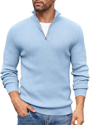 COOFANDY Men's Quarter Zip Sweaters Slim Fit Mock Neck Pullover Sweater Lightweight Knitted Polo Sweaters