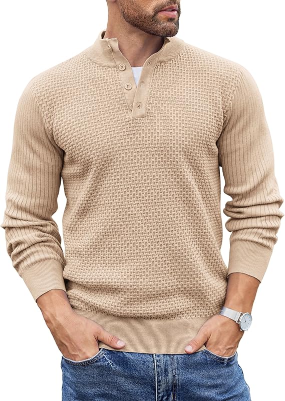COOFANDY Men's Quarter Button Sweater Lightweight Mock Neck Pullover Sweater Fashion Casual Knitted Waffle Henley Sweater