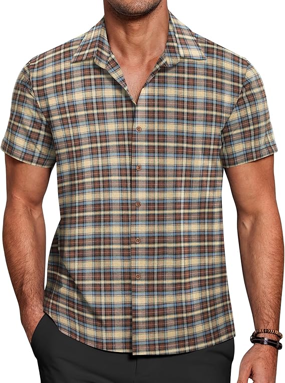 COOFANDY Mens Short Sleeve Button Down Shirt Plaid Button Up Shirts Casual 75% Cotton Work Shirts