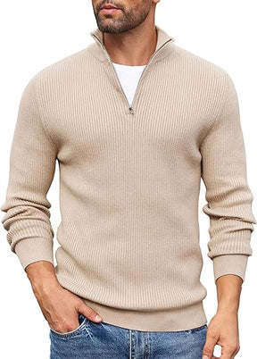 COOFANDY Men's Quarter Zip Sweaters Slim Fit Mock Neck Pullover Sweater Lightweight Knitted Polo Sweaters