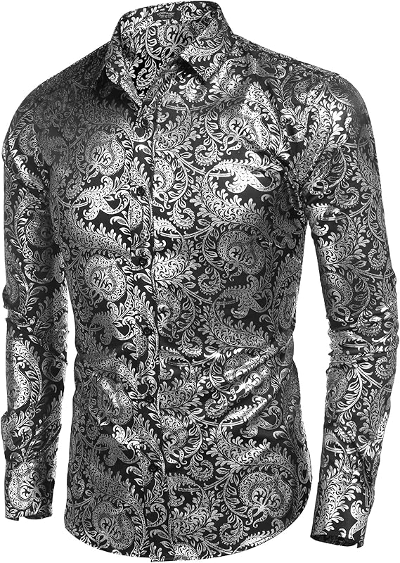 COOFANDY Men's Paisley Shirt Luxury Disco Long Sleeve Button Down Dress Shirts