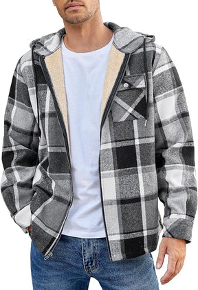 COOFANDY Men's Flannel Fleece Jacket Sherpa Lined Shirt Jacket Plaid Zip Up Hoodie Soft Warm Coat with Hood