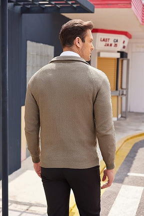 COOFANDY Men's Full Zip Cardigan Sweater Slim Fit Stand Collar Cotton Cable Knitted Sweater with Pockets