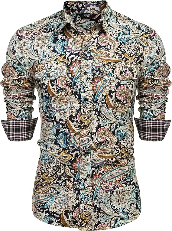 COOFANDY Mens Paisley Printed Shirts Casual Long Sleeve Button Down Shirts Floral Dress Shirt with Pockets