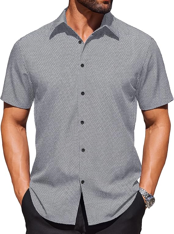 COOFANDY Mens Wrinkle Free Dress Shirt Polka Dot Short Sleeve Button Down Business Casual Shirts
