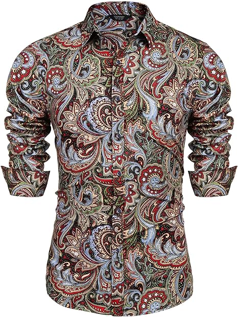 COOFANDY Men's Paisley Cotton Long Sleeve Shirt Floral Print Casual Retro Button Down Shirt S-XXL