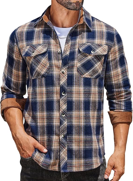 COOFANDY Men's Fall Plaid Button Down Shirt Long Sleeve Casual Cowboy Work Shirts Lightweight Flannel Shirts Two Pocket