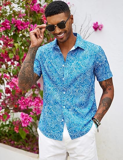 COOFANDY Mens Hawaiian Short Sleeve Button Down Casual Shirt S-XXXL