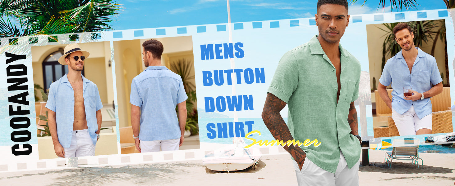 COOFANDY Mens Casual Short Sleeve Button Down Shirts Cuban Linen Textured Shirt Summer Beach Wear S-XXXL