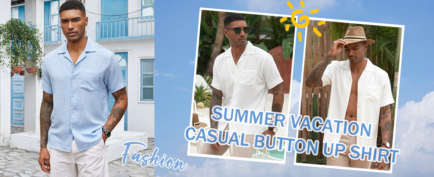 COOFANDY Mens Casual Short Sleeve Button Down Shirts Cuban Linen Textured Shirt Summer Beach Wear S-XXXL