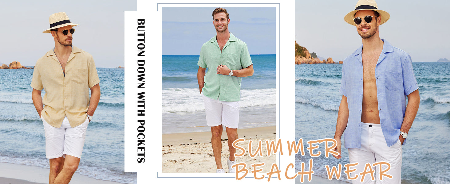 COOFANDY Mens Casual Short Sleeve Button Down Shirts Cuban Linen Textured Shirt Summer Beach Wear S-XXXL