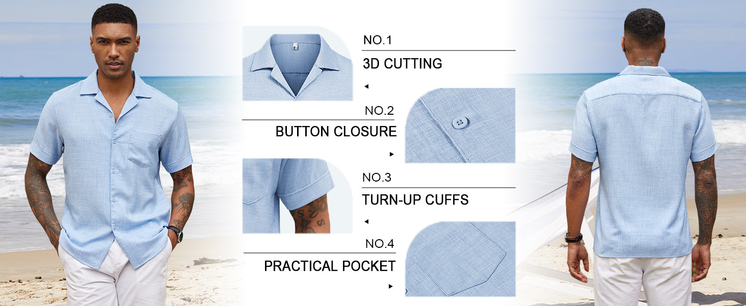 COOFANDY Mens Casual Short Sleeve Button Down Shirts Cuban Linen Textured Shirt Summer Beach Wear S-XXXL