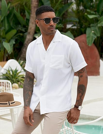 COOFANDY Mens Casual Short Sleeve Button Down Shirts Cuban Linen Textured Shirt Summer Beach Wear S-XXXL