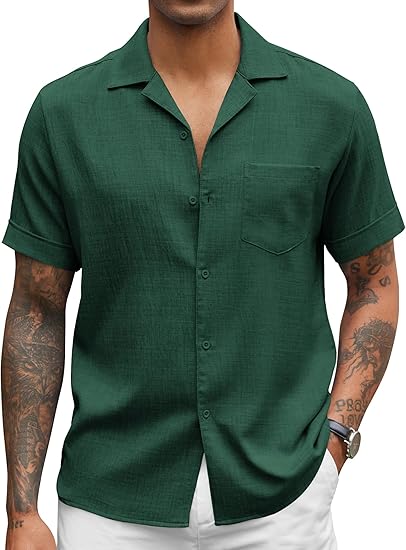 COOFANDY Mens Casual Short Sleeve Button Down Shirts Cuban Linen Textured Shirt Summer Beach Wear S-XXXL