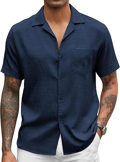 COOFANDY Mens Casual Short Sleeve Button Down Shirts Cuban Linen Textured Shirt Summer Beach Wear S-XXXL