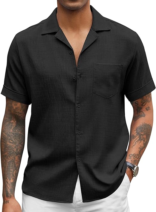 COOFANDY Mens Casual Short Sleeve Button Down Shirts Cuban Linen Textured Shirt Summer Beach Wear S-XXXL