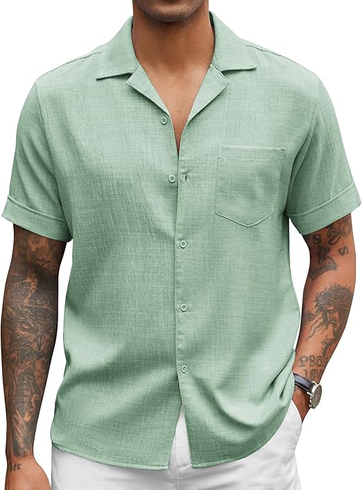 COOFANDY Mens Casual Short Sleeve Button Down Shirts Cuban Linen Textured Shirt Summer Beach Wear S-XXXL