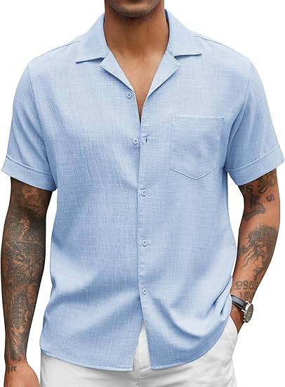 COOFANDY Mens Casual Short Sleeve Button Down Shirts Cuban Linen Textured Shirt Summer Beach Wear S-XXXL