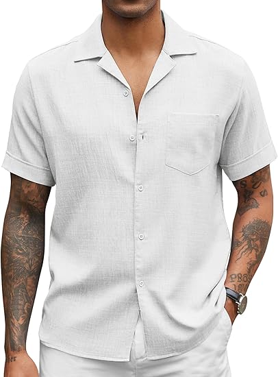COOFANDY Mens Casual Short Sleeve Button Down Shirts Cuban Linen Textured Shirt Summer Beach Wear S-XXXL