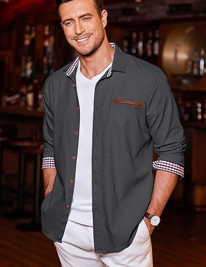 COOFANDY Men's Casual Dress Shirt Button Down Shirts Long-Sleeve Plaid Collar Denim Work Shirt S-5XL