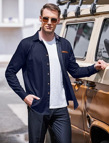 COOFANDY Men's Casual Dress Shirt Button Down Shirts Long-Sleeve Plaid Collar Denim Work Shirt S-5XL