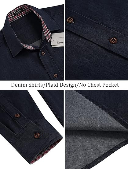 COOFANDY Men's Casual Dress Shirt Button Down Shirts Long-Sleeve Plaid Collar Denim Work Shirt S-5XL