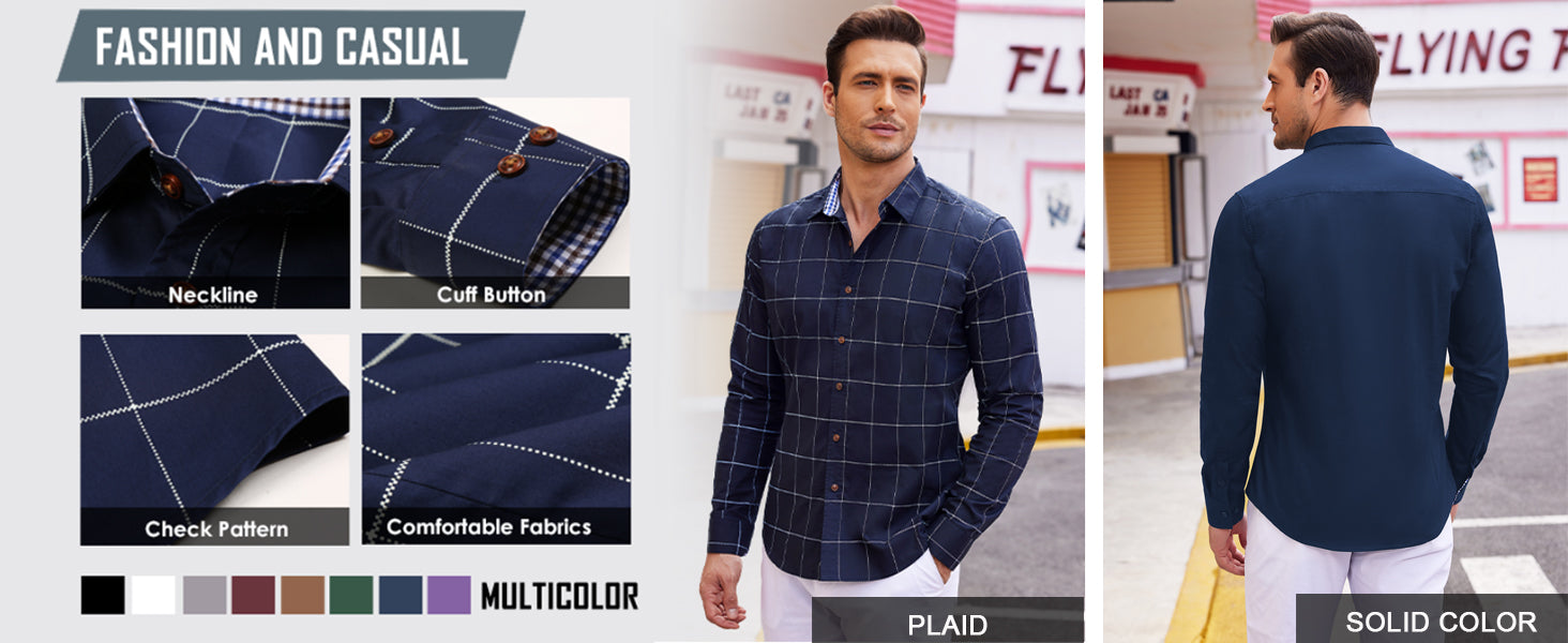 COOFANDY Mens Plaid Dress Shirt Long Sleeve Business Casual Regular Fit Button Down Shirts S-XXL