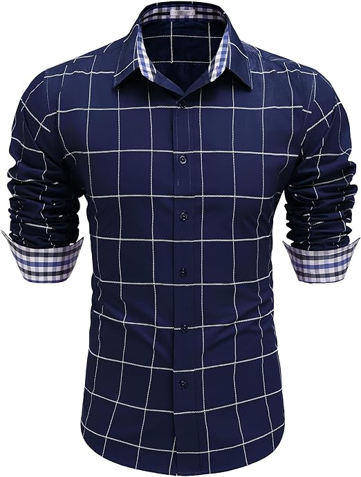 COOFANDY Mens Plaid Dress Shirt Long Sleeve Business Casual Regular Fit Button Down Shirts S-XXL