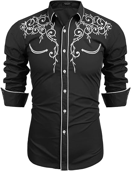 COOFANDY Men's Western Cowboy Shirts Long Sleeve Embroidered Shirt Slim Fit Casual Button Down Shirts S-XXL