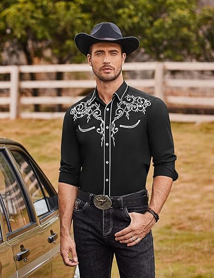 COOFANDY Men's Western Cowboy Shirts Long Sleeve Embroidered Shirt Slim Fit Casual Button Down Shirts S-XXL