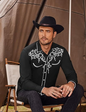 COOFANDY Men's Western Cowboy Shirts Long Sleeve Embroidered Shirt Slim Fit Casual Button Down Shirts S-XXL